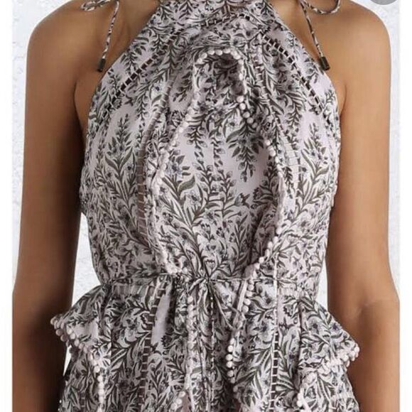 Zimmermann Henna Frippery Floral Pom Trim Halter Playsuit Taupe Silk Cotton Sz 2 - Picture 3 of 11